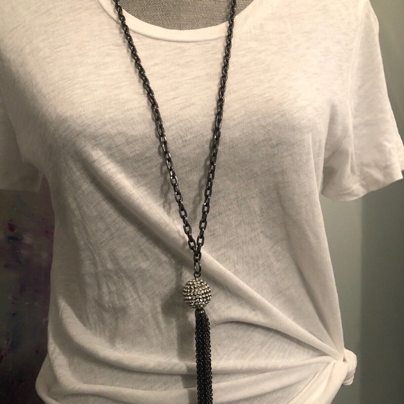 Gunmetal Chain Crystal Ball With Tassel Necklace - Picture 2 of 4